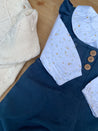 Soft Navy Dungarees, Collared Blouse Bodysuit & Cable Knit