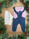 Soft Navy Dungarees, Collared Blouse Bodysuit & Cable Knit